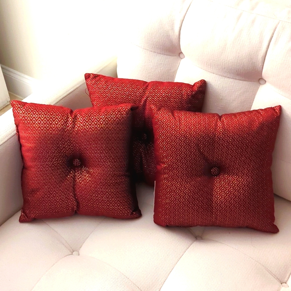 Three small squared red & gold Xmas accent pillows